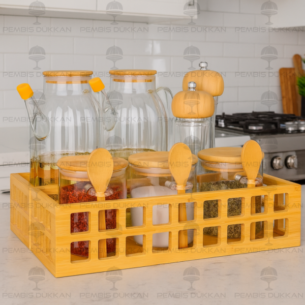 BAMBU DİKDÖRTGEN KASA BAHARATLIK & YAĞDANLIK KOMBİN SET NO 18