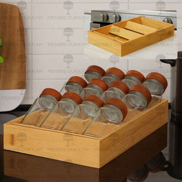 12'Lİ AKASYA KAPAKLI ÇEKMECE İÇİ BAHARATLIK KOMBİN SET (1455)