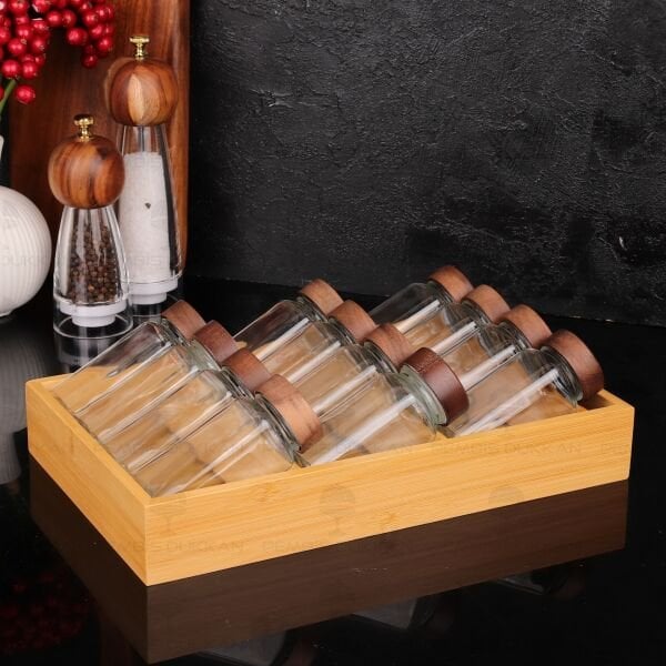 ÇEKMECE İÇİ STANDLI, 12Lİ AKASYA KAPAKLI BAHARATLIK SET (1455)