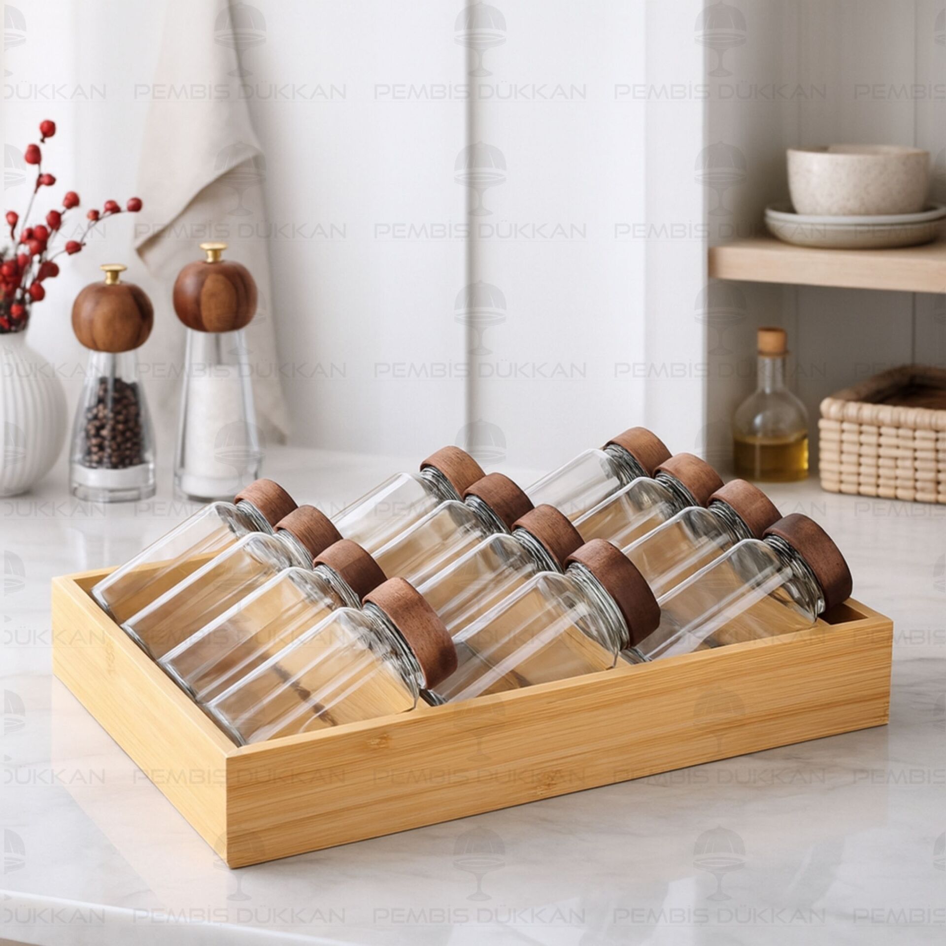 ÇEKMECE İÇİ STANDLI, 12Lİ BOHEM AKASYA KAPAKLI BAHARATLIK SET (1455)