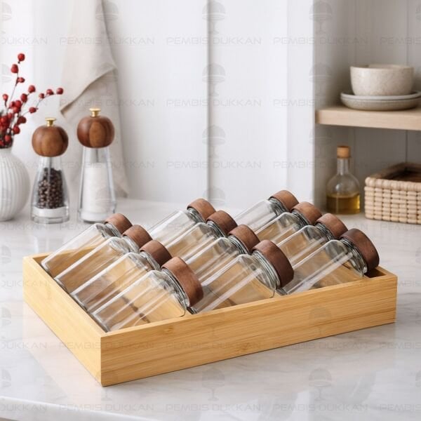 ÇEKMECE İÇİ STANDLI, 12Lİ AKASYA KAPAKLI BAHARATLIK SET (1455)