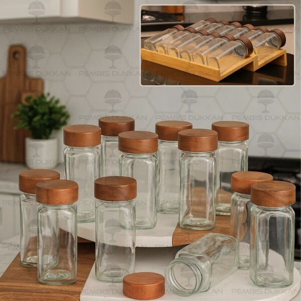12Lİ AKASYA BAHARATLIK ÇEKMECE İÇİ STANDLI KOMBİN SET (1355)