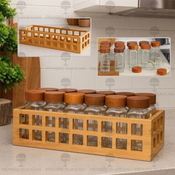 12Lİ AKASYA KAPAKLI BAHARATLIKLI, KAFES KASA STANDLI KOMBİN SET (1281)