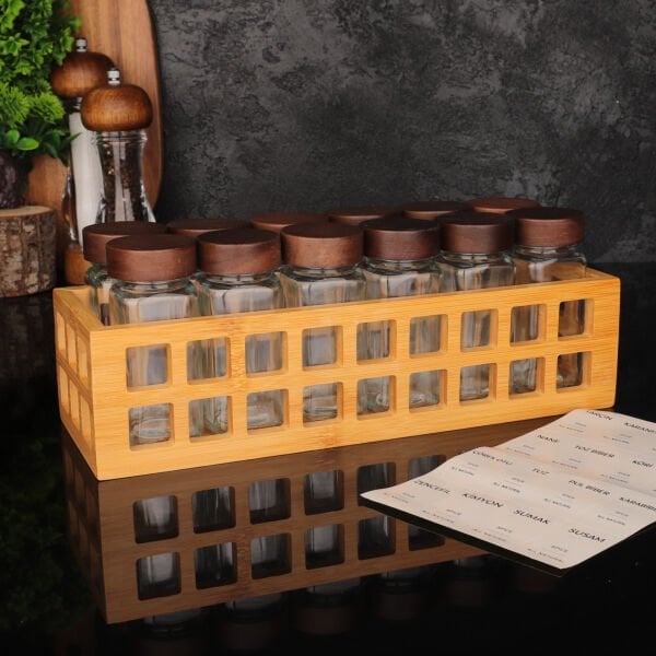 BAMBU KAFES STANDLI, 12Lİ BOHEM AKASYA KAPAKLI BAHARATLIK SET (1281)
