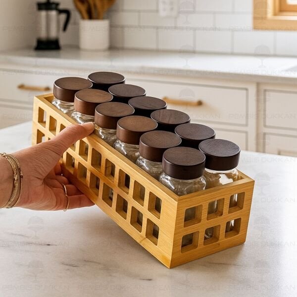 KAFES STANDLI, 12Lİ AKASYA KAPAKLI BAHARATLIK SET (1281)