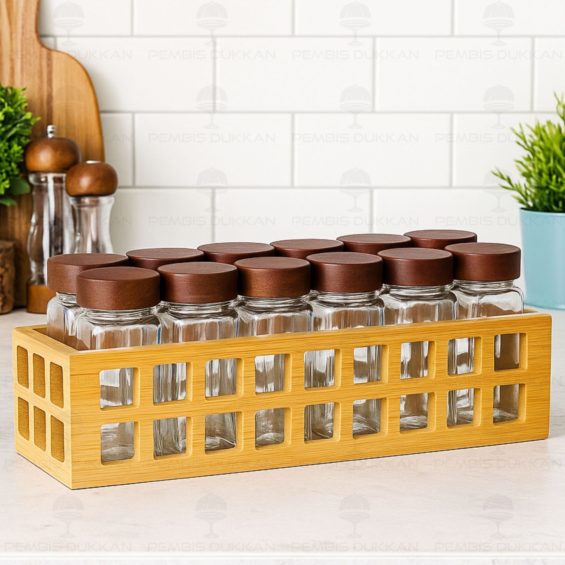 BAMBU KAFES STANDLI, 12Lİ BOHEM AKASYA KAPAKLI BAHARATLIK SET (1281)