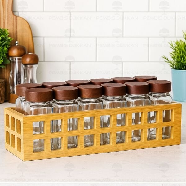 BAMBU KAFES STANDLI, 12Lİ BOHEM AKASYA KAPAKLI BAHARATLIK SET (1281)