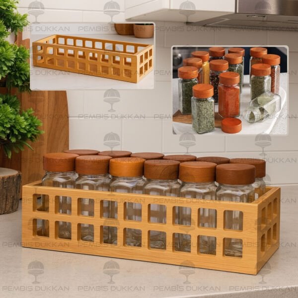 12'Lİ AKASYA KAPAKLI KAFES KASA BAHARATLIK KOMBİN SET 1281