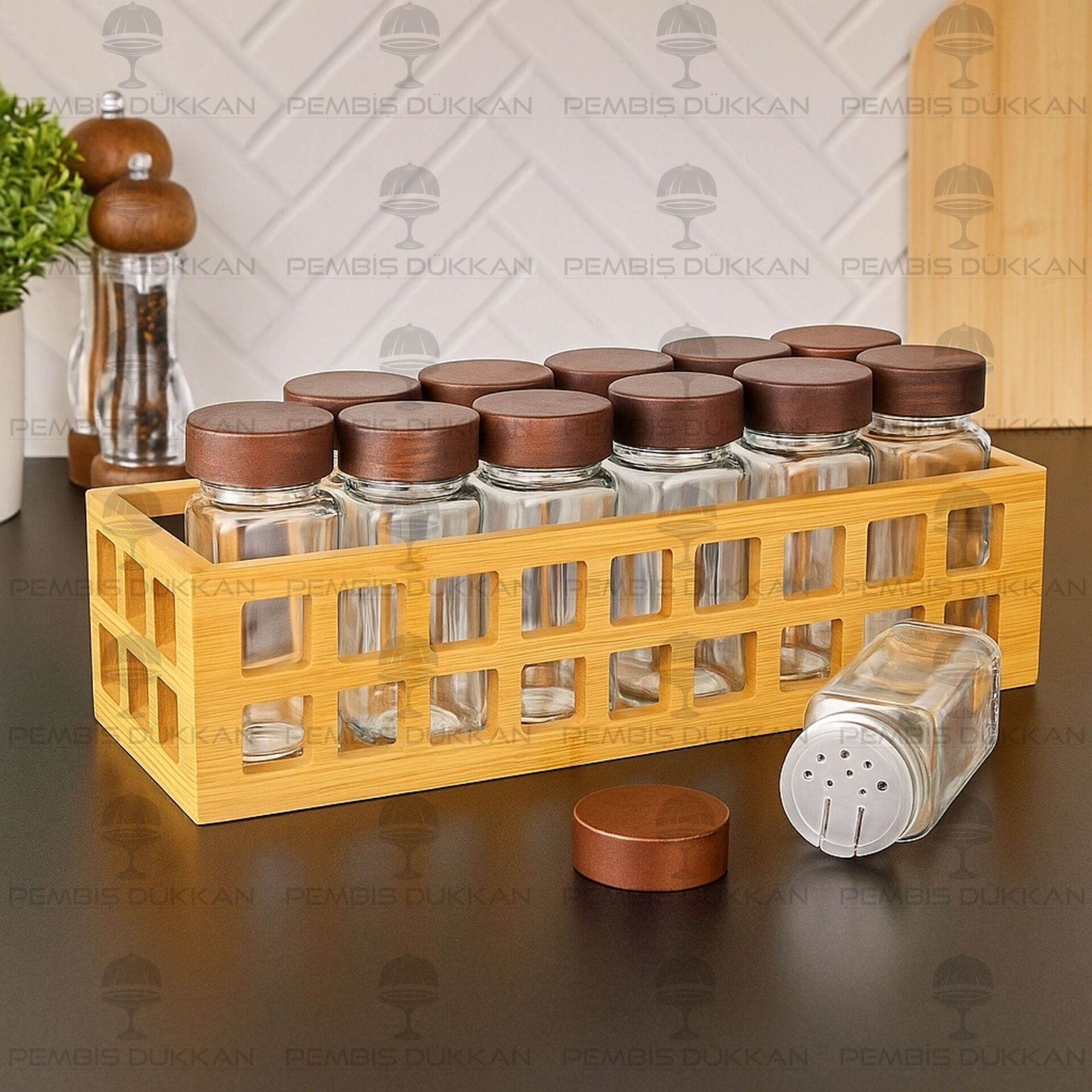 KAFES STANDLI, 12Lİ AKASYA KAPAKLI BAHARATLIK SET (1281)