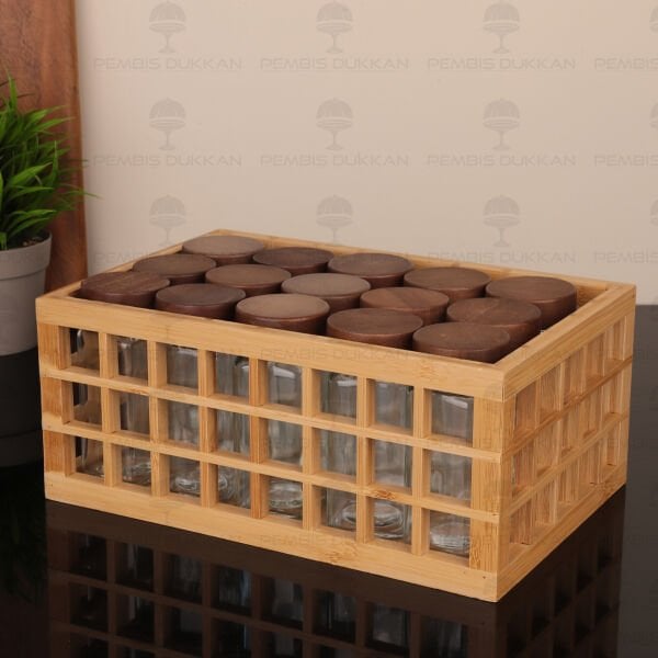 BAMBU KAFES STANDLI, 15Lİ BOHEM AKASYA KAPAKLI BAHARATLIK SET (7B13)