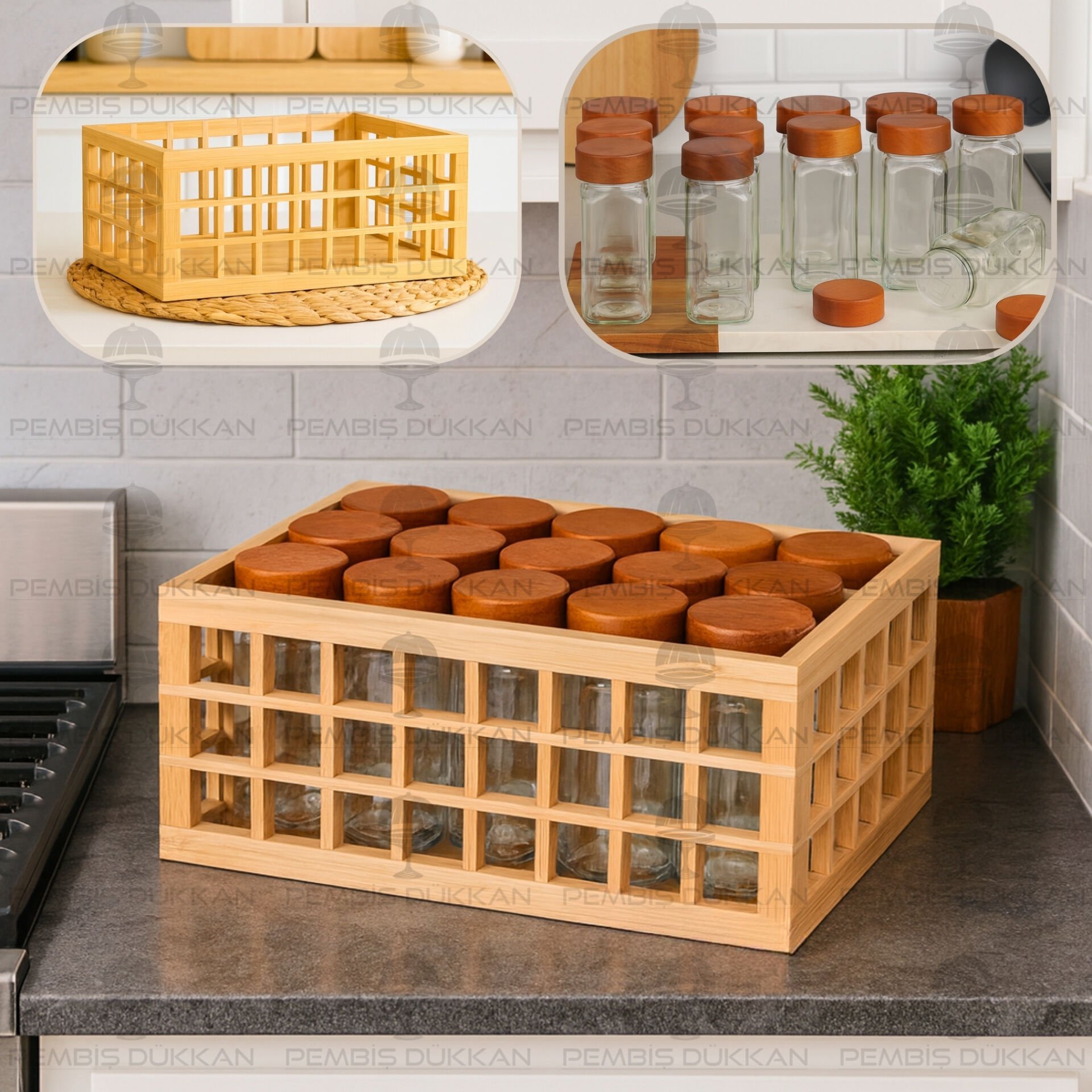 15'Lİ AKASYA KAPAKLI KAFES KASA BAHARATLIK KOMBİN SET