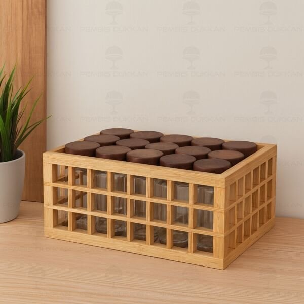 BAMBU KAFES STANDLI, 15Lİ BOHEM AKASYA KAPAKLI BAHARATLIK SET (7B13)