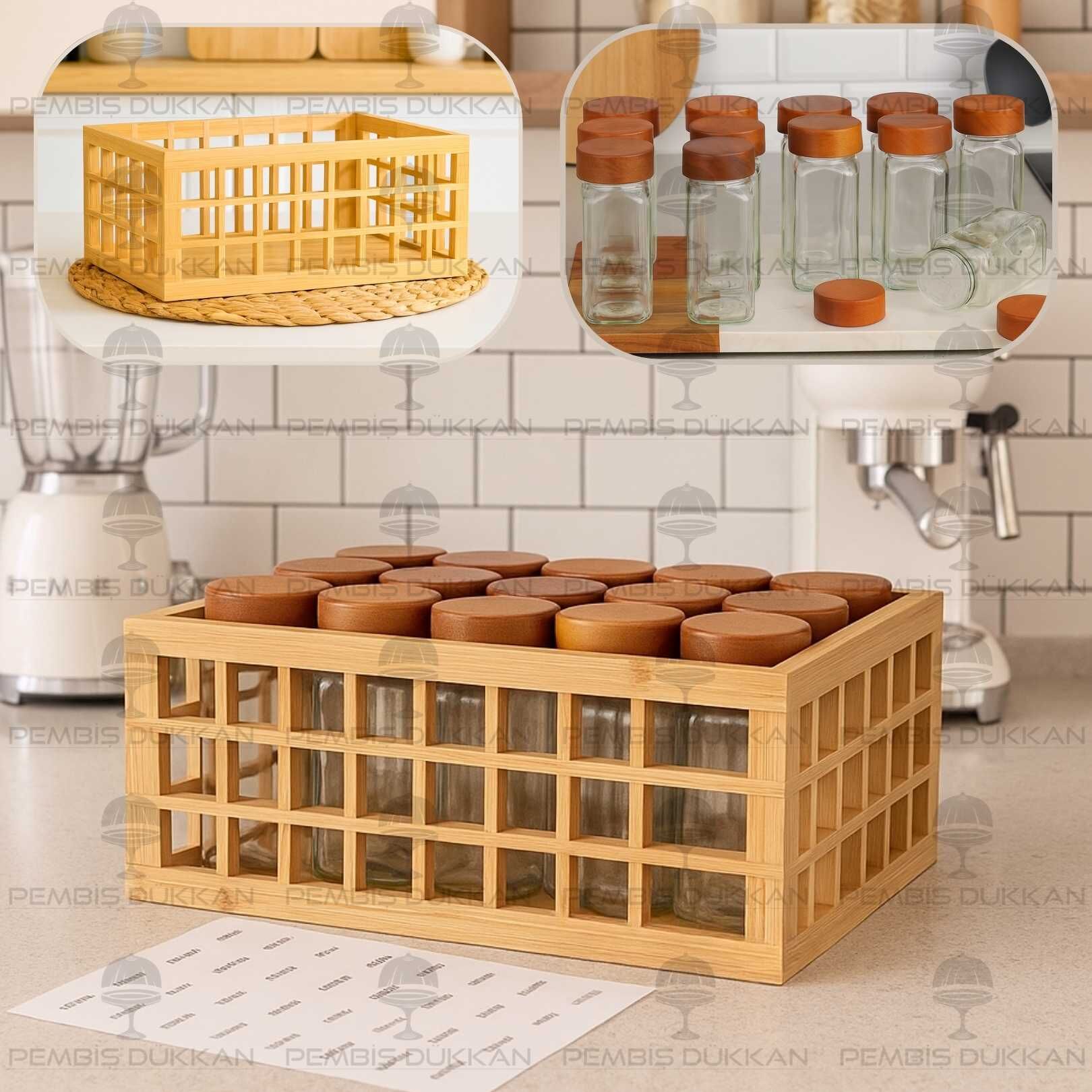 15'Lİ AKASYA KAPAKLI KAFES KASA BAHARATLIK KOMBİN SET