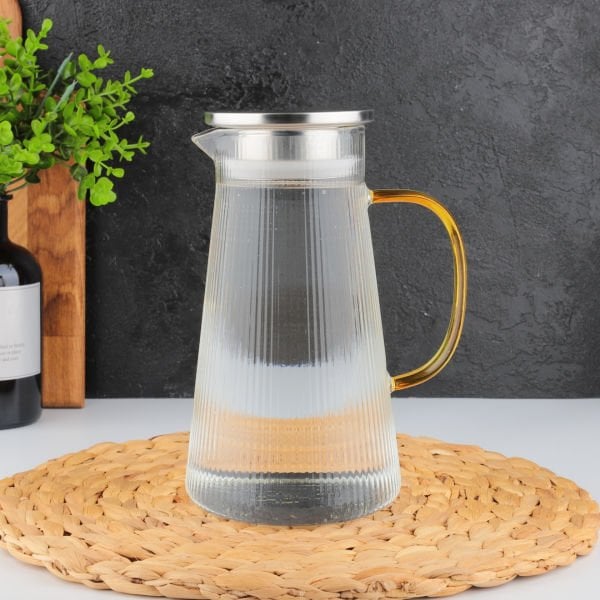 1300ml Çizgili Uzun, Metal Kapaklı Borosilikat Cam Sürahi (No 2)