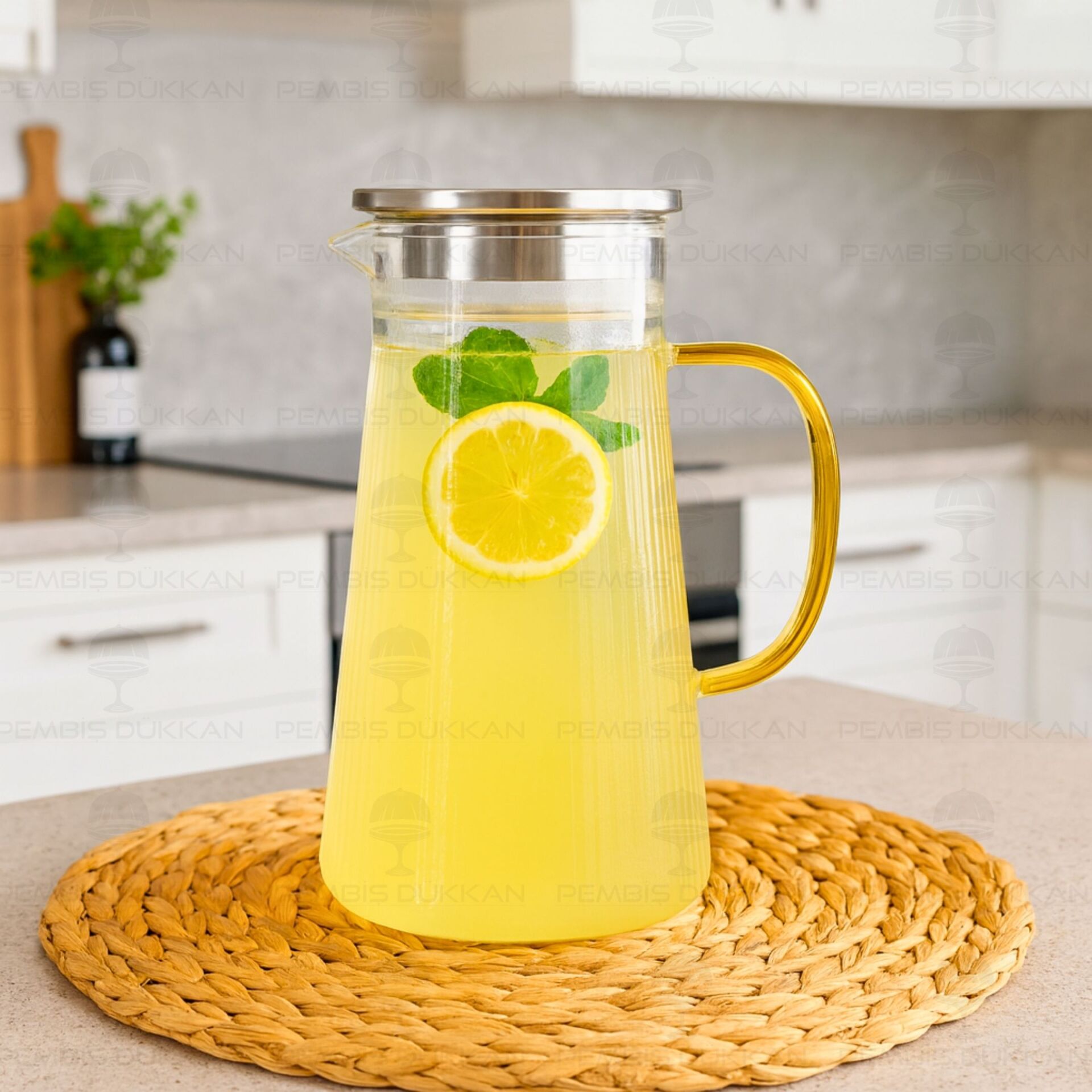 1300ml Çizgili Uzun, Metal Kapaklı Borosilikat Cam Sürahi (No 2)