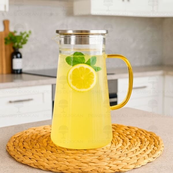 1300ML ÇİZGİLİ UZUN, METAL KAPAKLI BOROSİLİKAT CAM SÜRAHİ (NO 2)