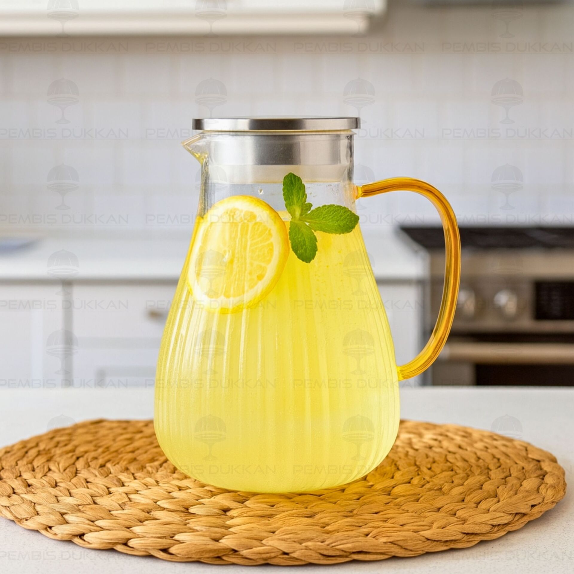 1300ML ÇİZGİLİ UZUN, METAL KAPAKLI BOROSİLİKAT CAM SÜRAHİ (NO 3)