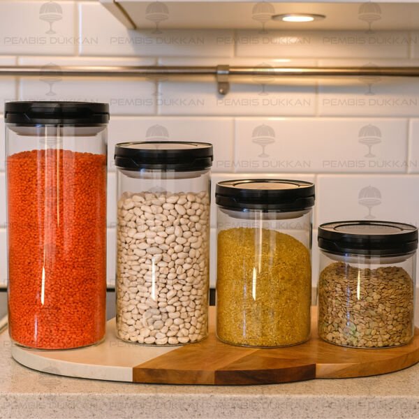 4LÜ SİYAH TESORA, ERZAK KAVANOZ SETİ (850ML-1300ML-1650ML-2100ML)