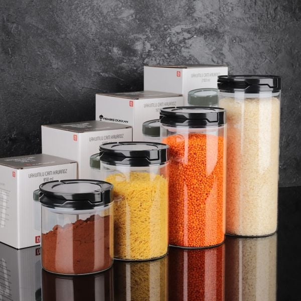 4LÜ SİYAH TESORA, ERZAK KAVANOZ SETİ (850ML-1300ML-1650ML-2100ML)