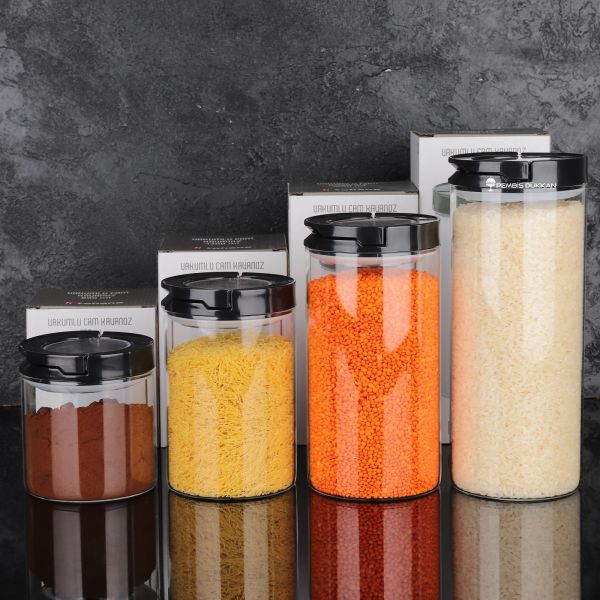4LÜ SİYAH TESORA, ERZAK KAVANOZ SETİ (850ML-1300ML-1650ML-2100ML)