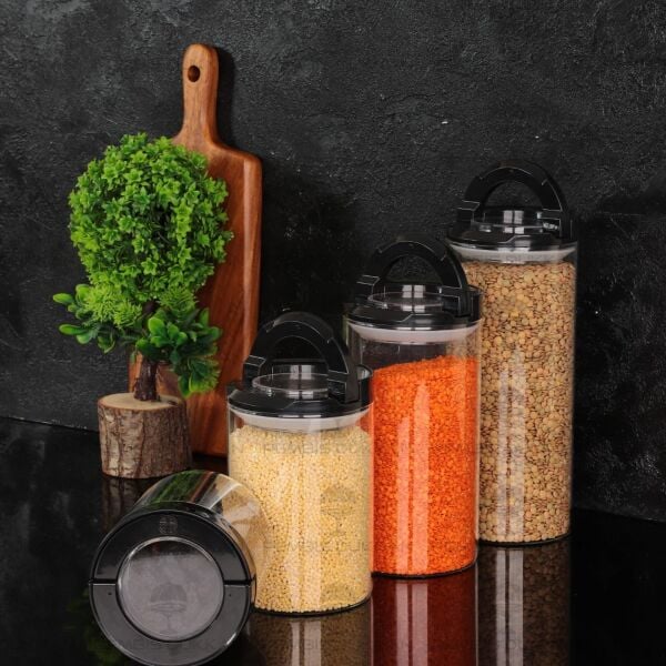 4LÜ SİYAH TESORA, ERZAK KAVANOZ SETİ (850ML-1300ML-1650ML-2100ML)