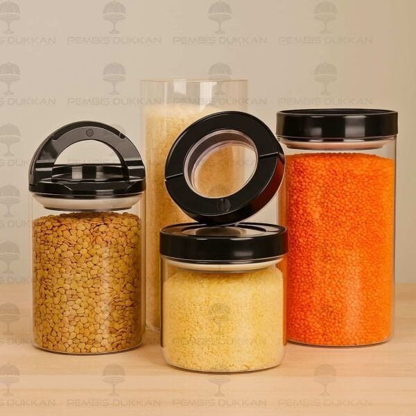 4LÜ SİYAH TESORA, ERZAK KAVANOZ SETİ (850ML-1300ML-1650ML-2100ML)