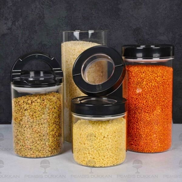 4LÜ SİYAH TESORA, ERZAK KAVANOZ SETİ (850ML-1300ML-1650ML-2100ML)