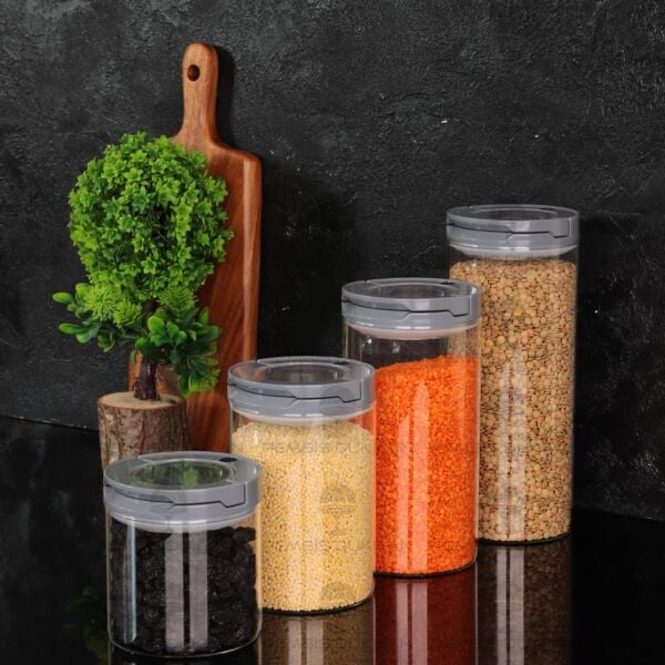 4LÜ GRİ TESORA, ERZAK KAVANOZ SETİ (850ML-1300ML-1650ML-2100ML)