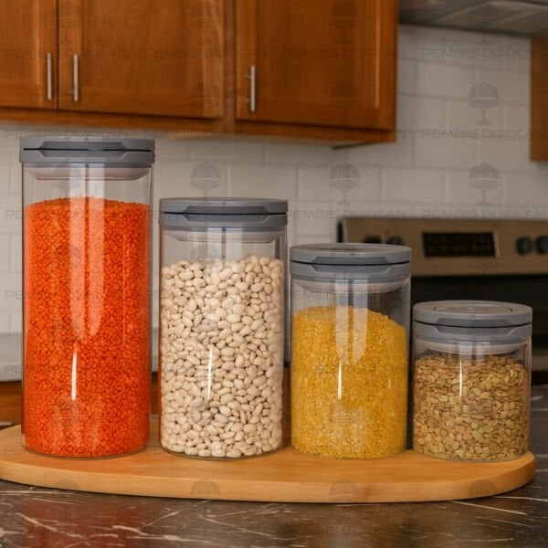 4LÜ GRİ TESORA, ERZAK KAVANOZ SETİ (850ML-1300ML-1650ML-2100ML)