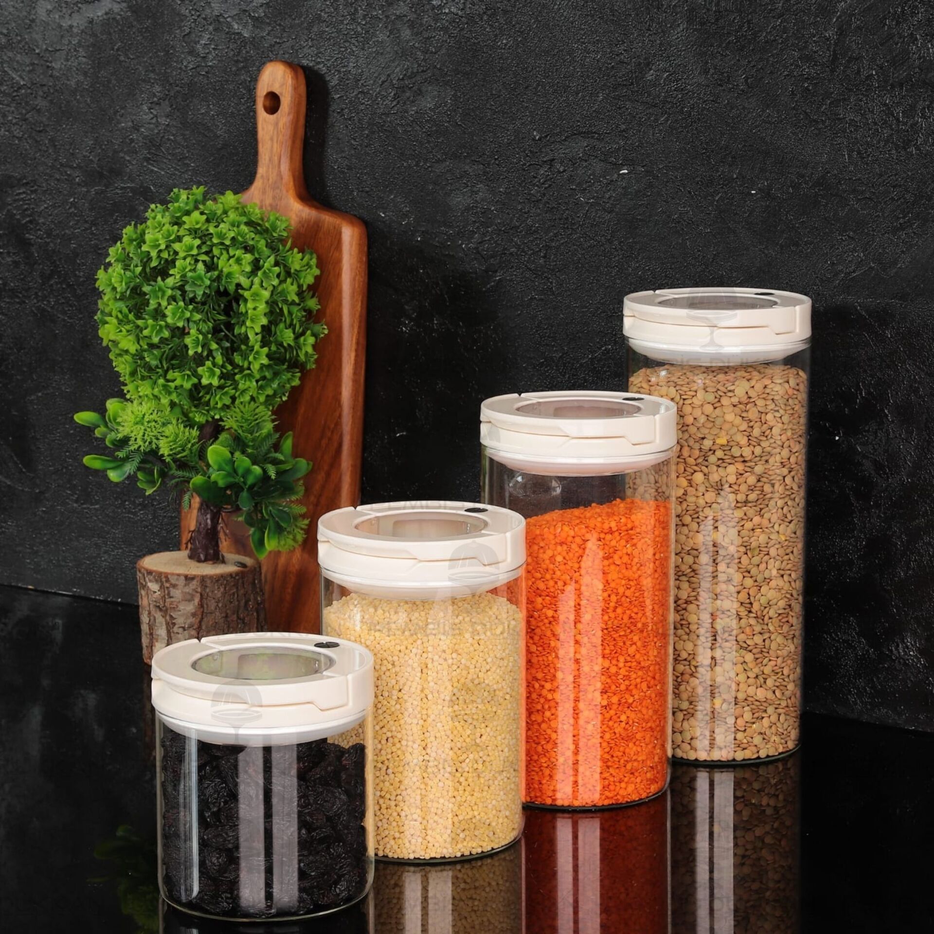 4LÜ BEYAZ TESORA, ERZAK KAVANOZ SETİ (850ML-1300ML-1650ML-2100ML)