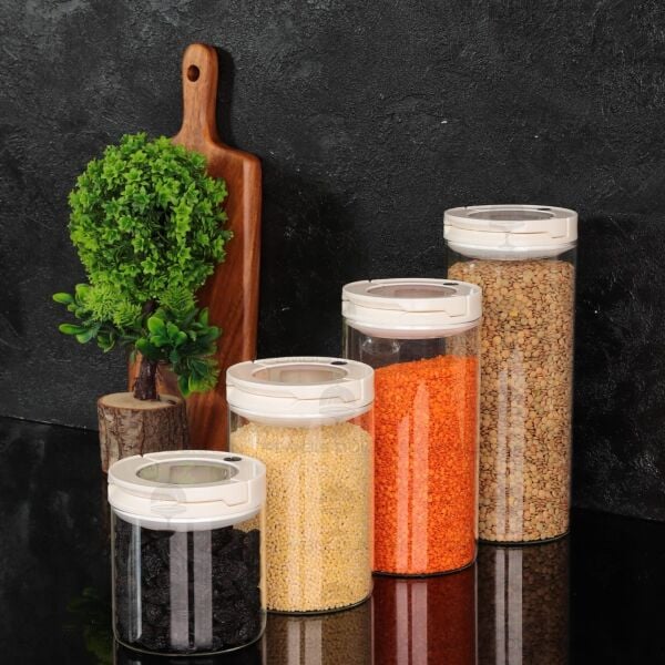 4LÜ BEYAZ TESORA, ERZAK KAVANOZ SETİ (850ML-1300ML-1650ML-2100ML)