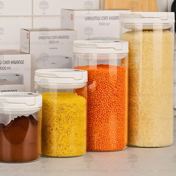 4LÜ BEYAZ TESORA, ERZAK KAVANOZ SETİ (850ML-1300ML-1650ML-2100ML)