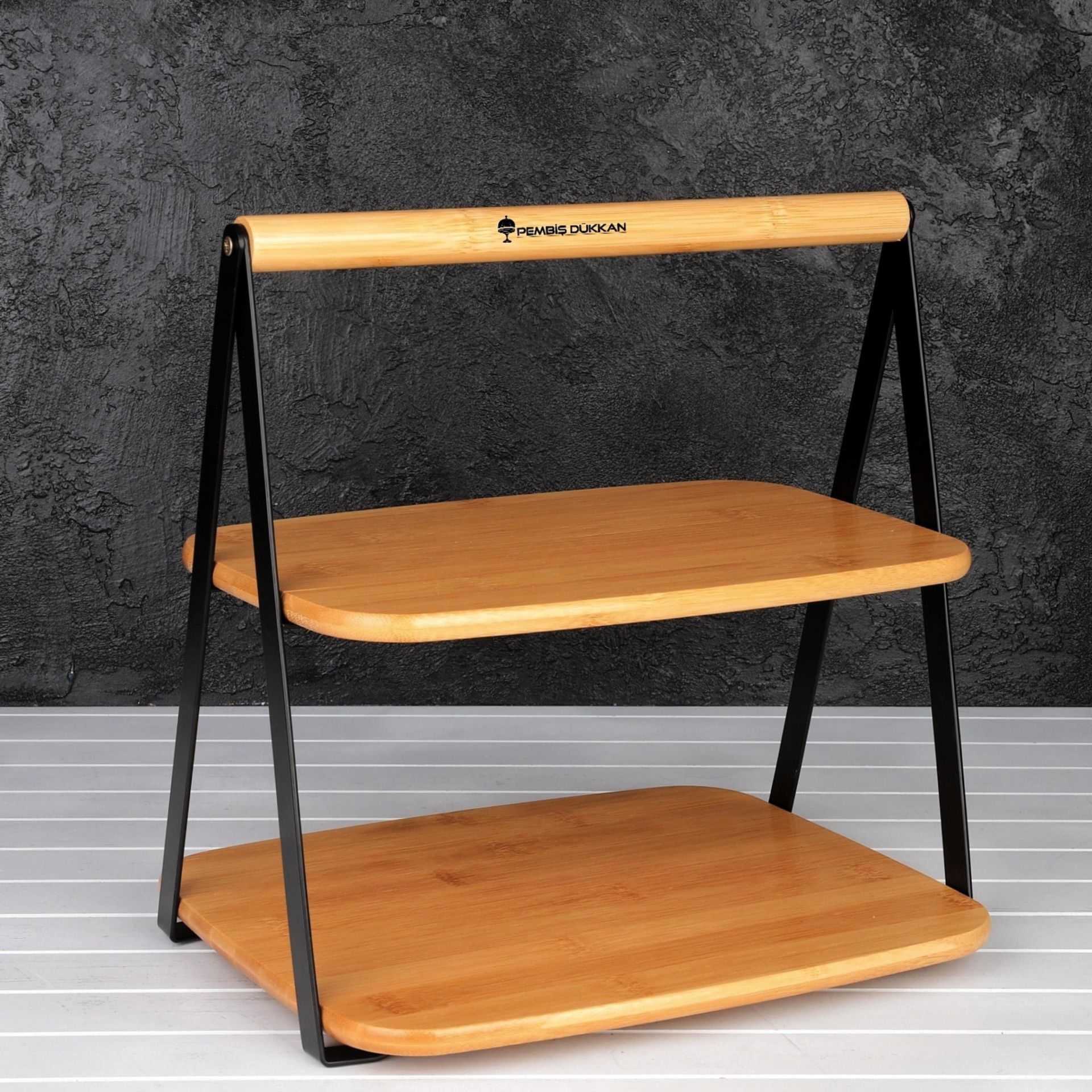 2 KATLI SİYAH STANDLI BAMBU SUNUMLUK RAF