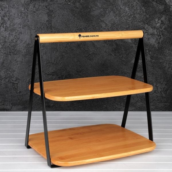 2 KATLI SİYAH STANDLI BAMBU SUNUMLUK RAF