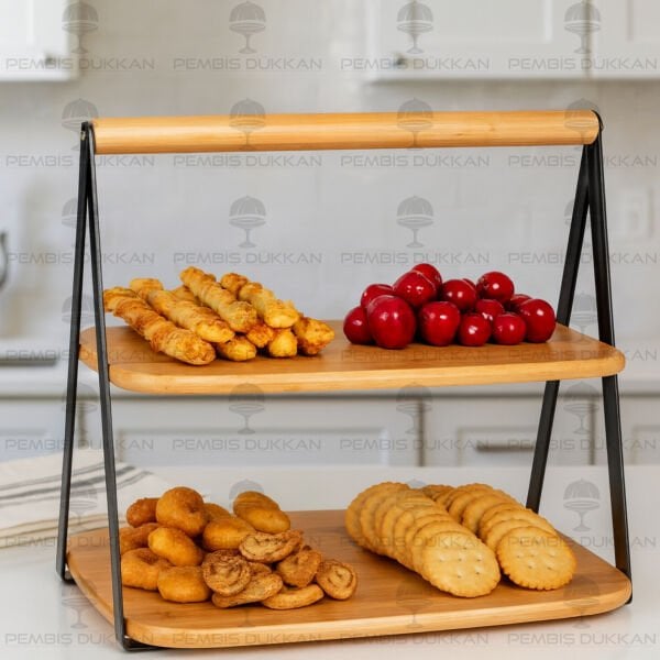 BAMBU 2 KATLI SİYAH METAL STANDLI PEYNİR & KURABİYE SUNUM STANDI (723)