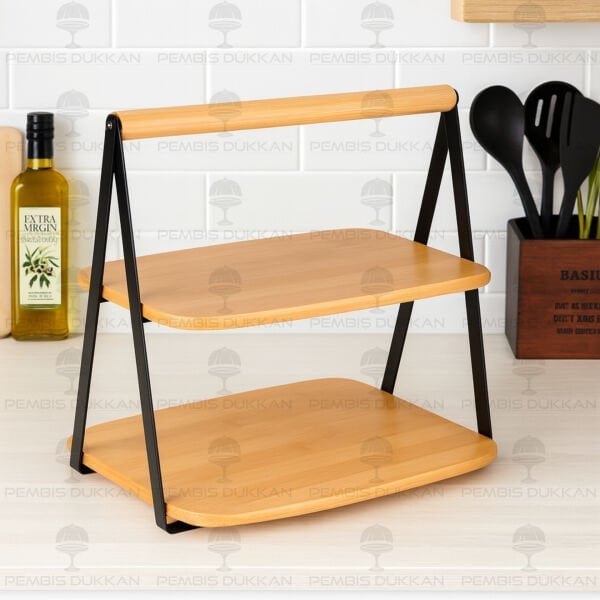2 KATLI SİYAH STANDLI BAMBU SUNUMLUK RAF 723