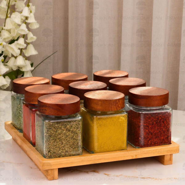 10lu Yeni Model Bambu Kare Standlı,  Akasya Kapaklı Baharatlık Kombin Set