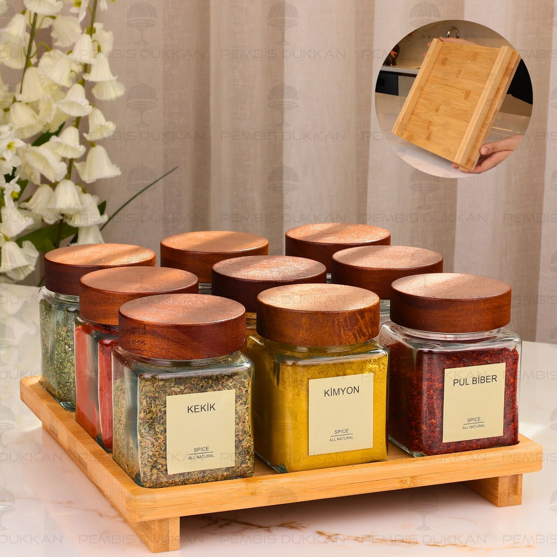 10lu Yeni Model Bambu Kare Standlı,  Akasya Kapaklı Baharatlık Kombin Set
