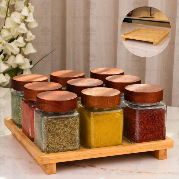 10lu Yeni Model Bambu Kare Standlı,  Akasya Kapaklı Baharatlık Kombin Set
