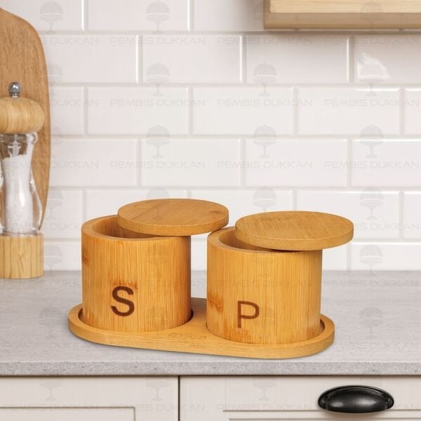 2Lİ BAMBU STANDLI, DÖNER KAPAKLI TUZLUK & BİBERLİK - BAHARATLIK (858)