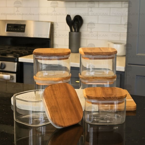 6 ADET KARE 350ML AKASYA KAPAKLI, CAM KAHVALTILIK (BOR 059)