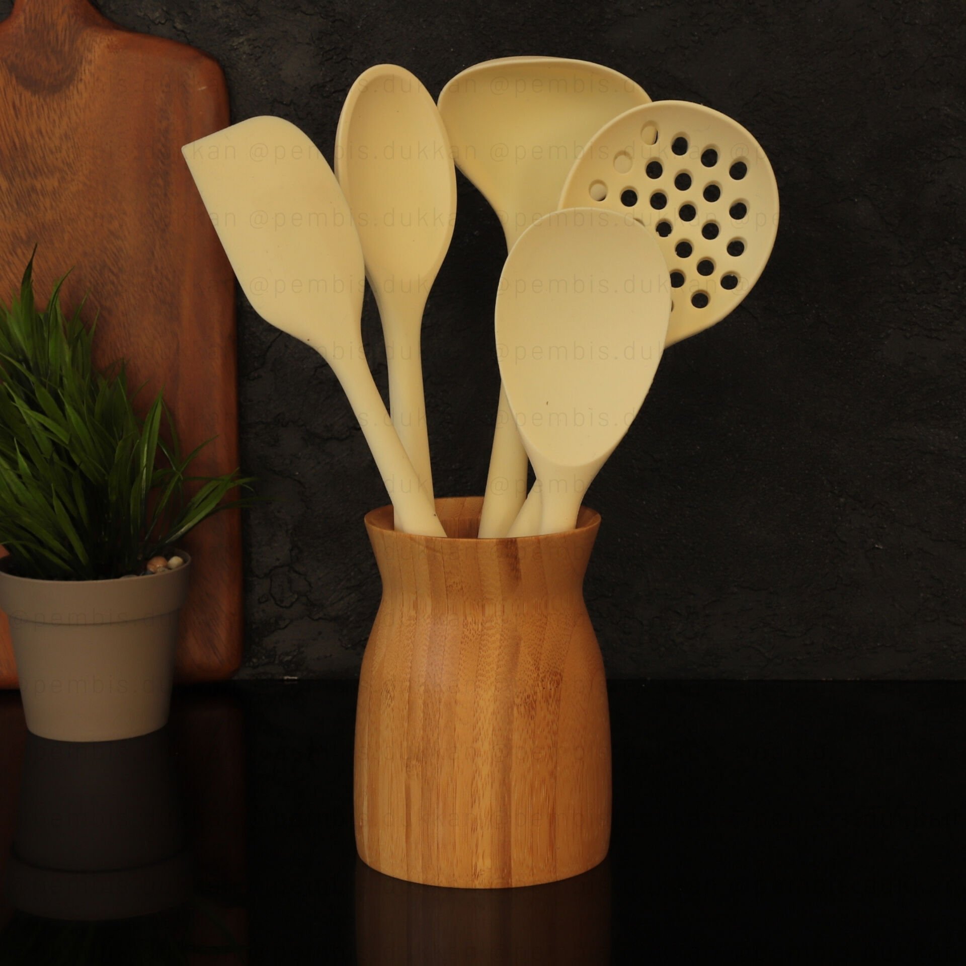 BAMBU STANDLI BEYAZ SİLİKON KAŞIK SET NO 4
