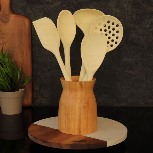 BAMBU STANDLI BEYAZ SİLİKON KAŞIK SET NO 4