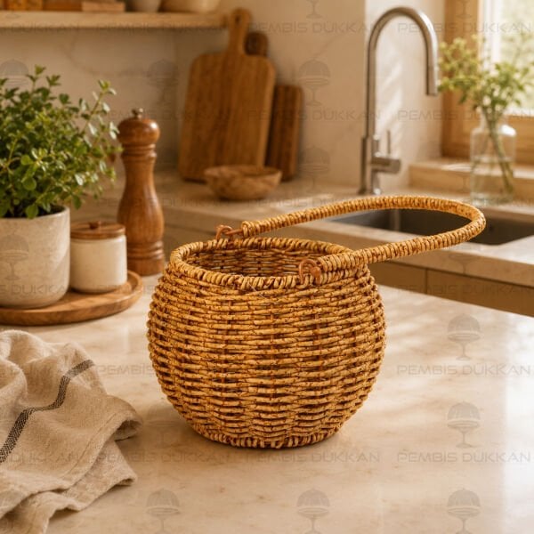 Bohem Rattan Kulplu Küçük Sepet 1570
