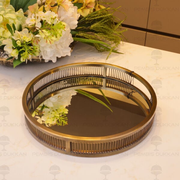 Yuvarlak 33cm Çelik Eskitme Gold Dekor Tepsi