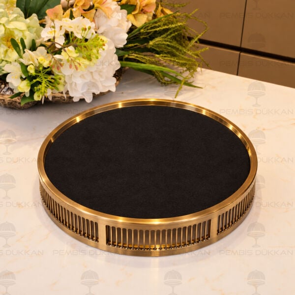 Yuvarlak 33cm Çelik Eskitme Gold Dekor Tepsi