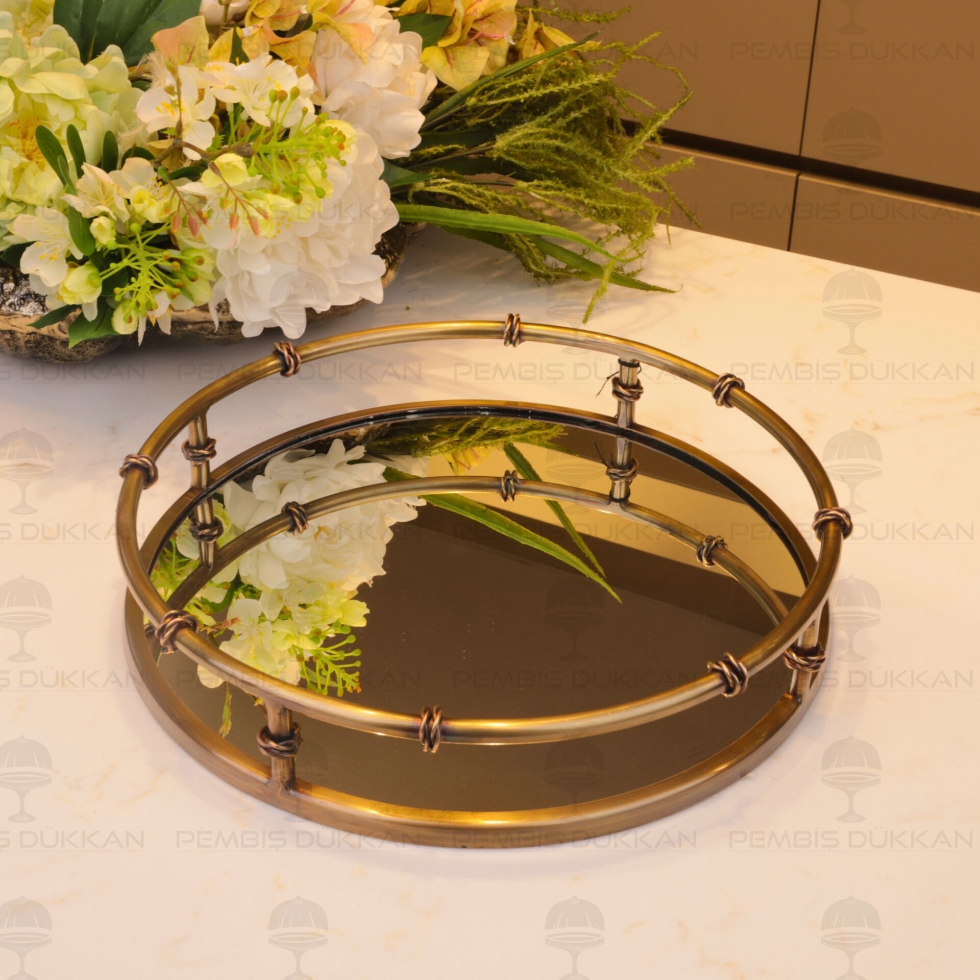 Yuvarlak 32cm Çelik Eskitme Gold Dekor Tepsi