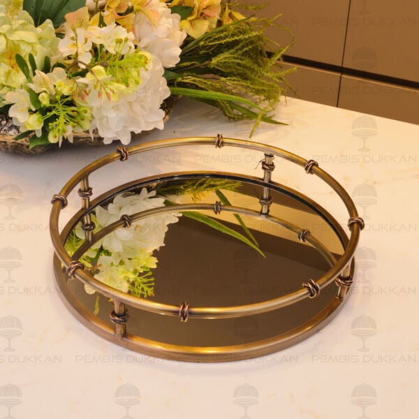 Yuvarlak 32cm Çelik Eskitme Gold Dekor Tepsi