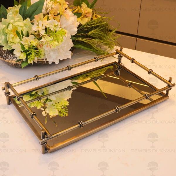 Dikdörtgen 40cm Çelik Eskitme Gold Dekor Tepsi