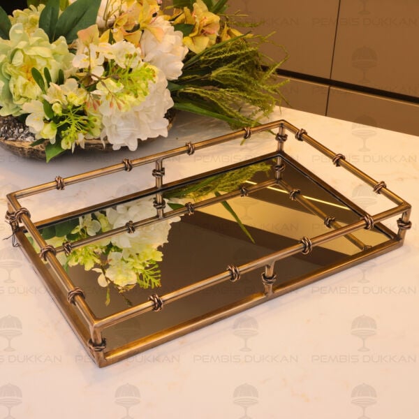 Dikdörtgen 41cm Çelik Eskitme Bronz Dekor Tepsi